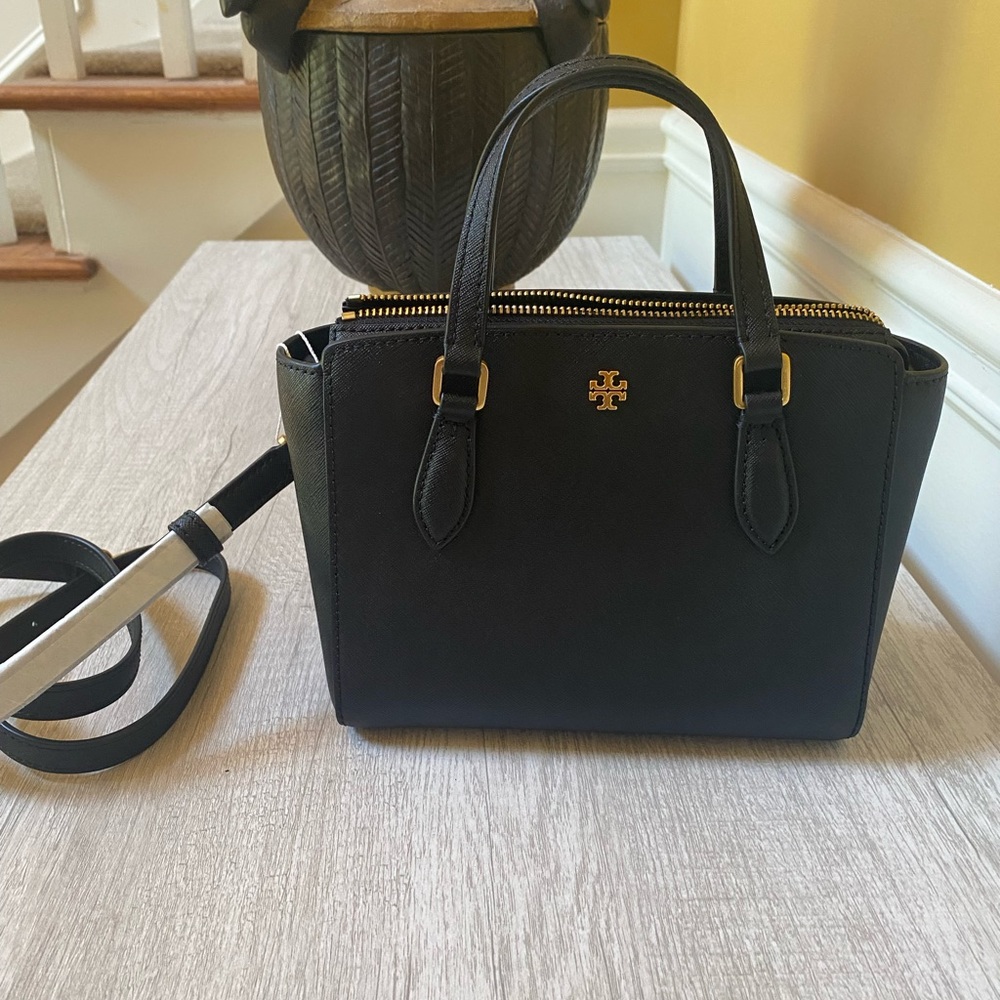 NWT TORY BURCH EMERSON MINI TOP ZIP TOTE BLACK LEATHER CROSSBODY SATCHEL SOLD‼️ - Picture 1 of 10